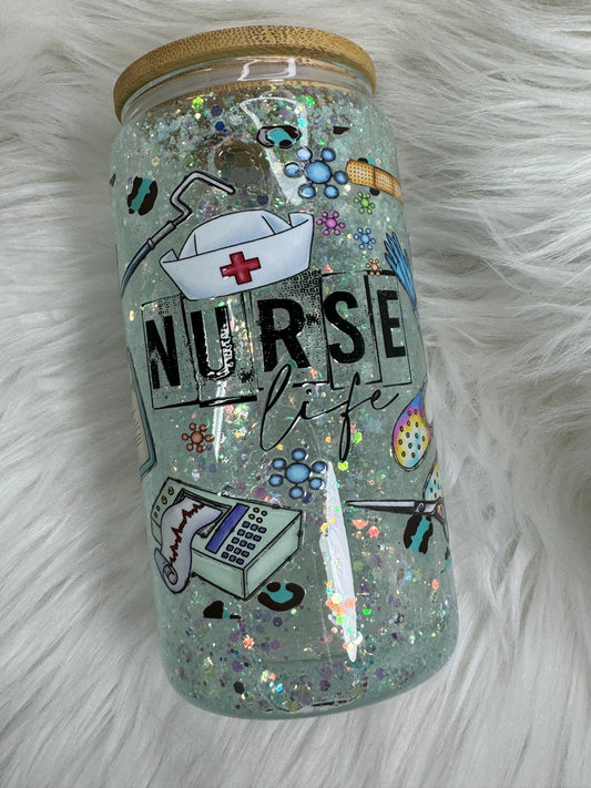 16 oz glass snow globe Nurse Life Tumbler