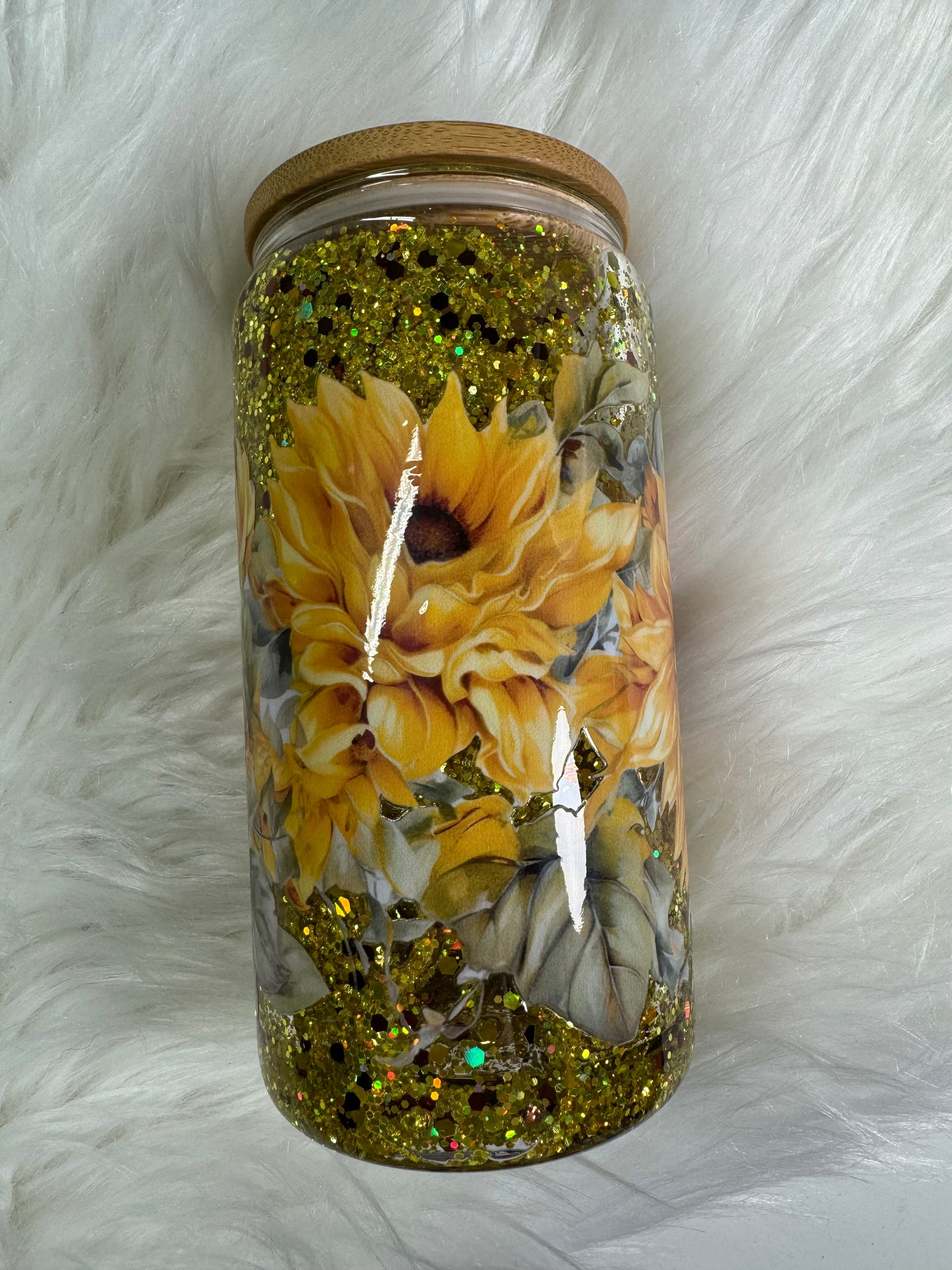 16 oz glass snow globe tumbler sunflower