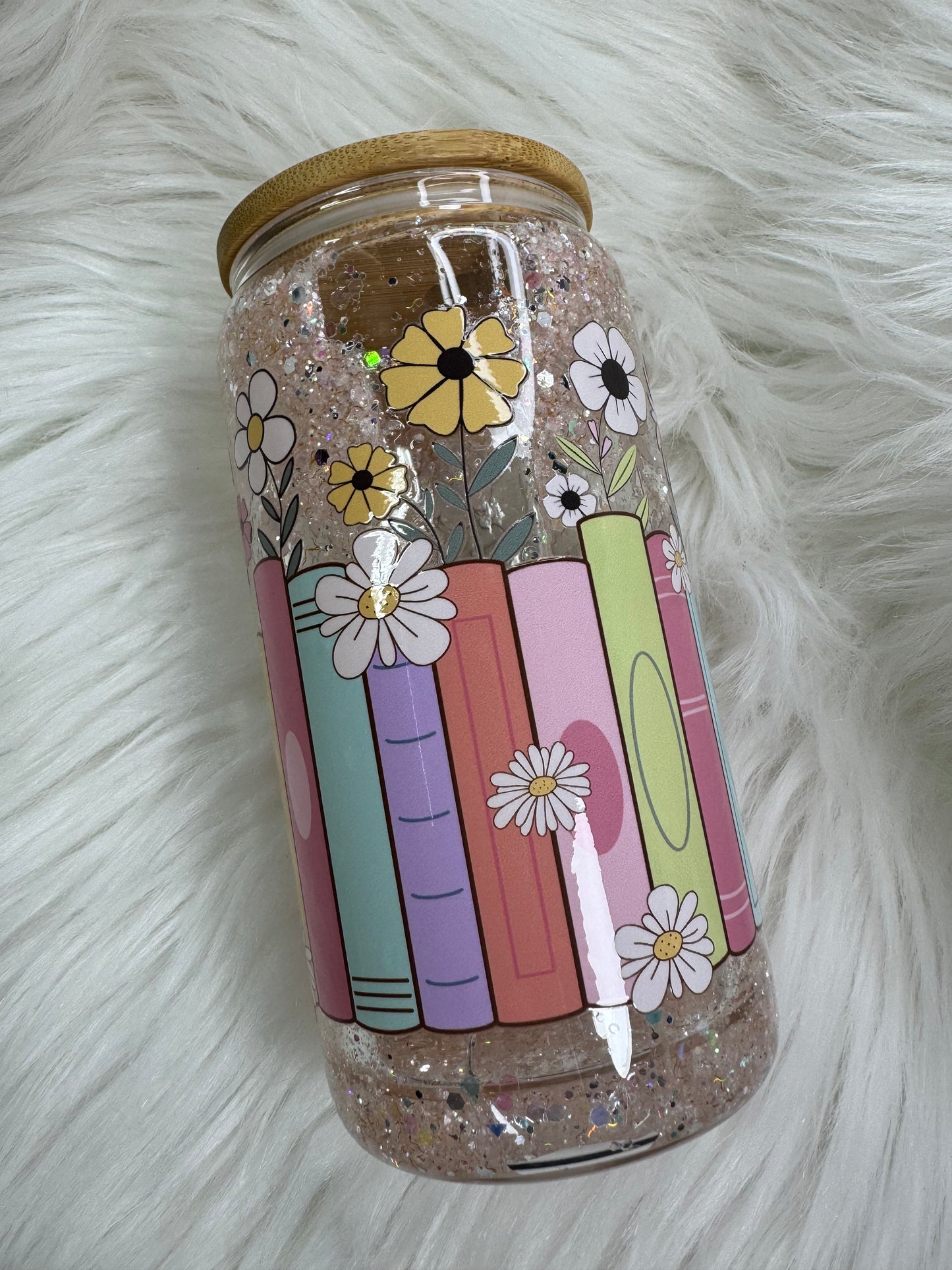 16 oz glass snow globe Book lover tumbler